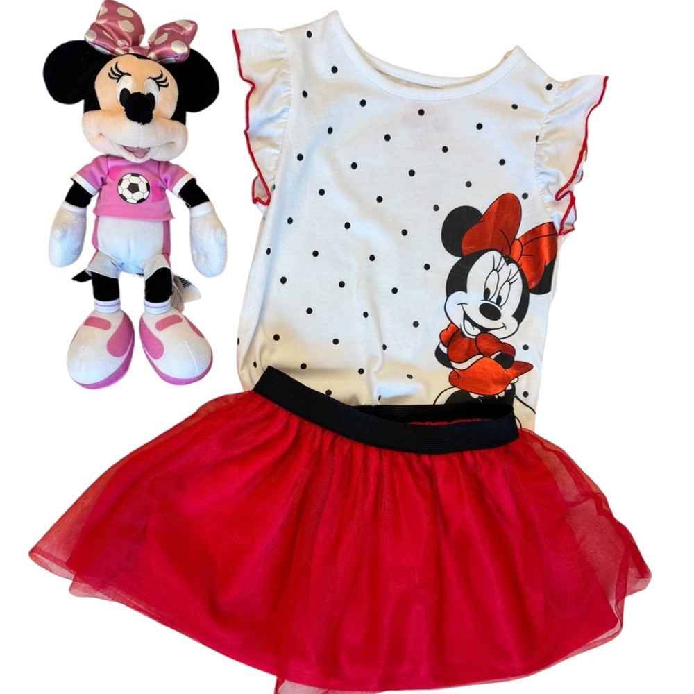 3 Pc Disney Minnie Mouse Outfit Bundle 4T Polka Dot Top Red Tutu Skirt + Plush